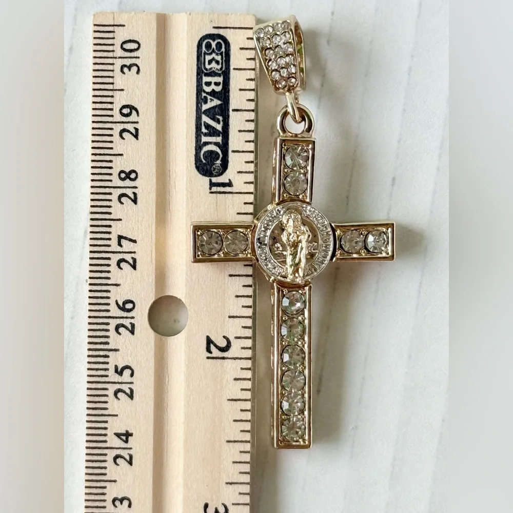 New Italian laminated gold chin 24” ‎ with San Benito crucifix /Crystals for men